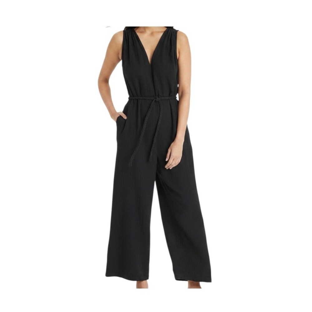 Universal Thread Black Gauze Wide Leg Jumpsuit Sleeveless V Neck Tie Waist M NWT
